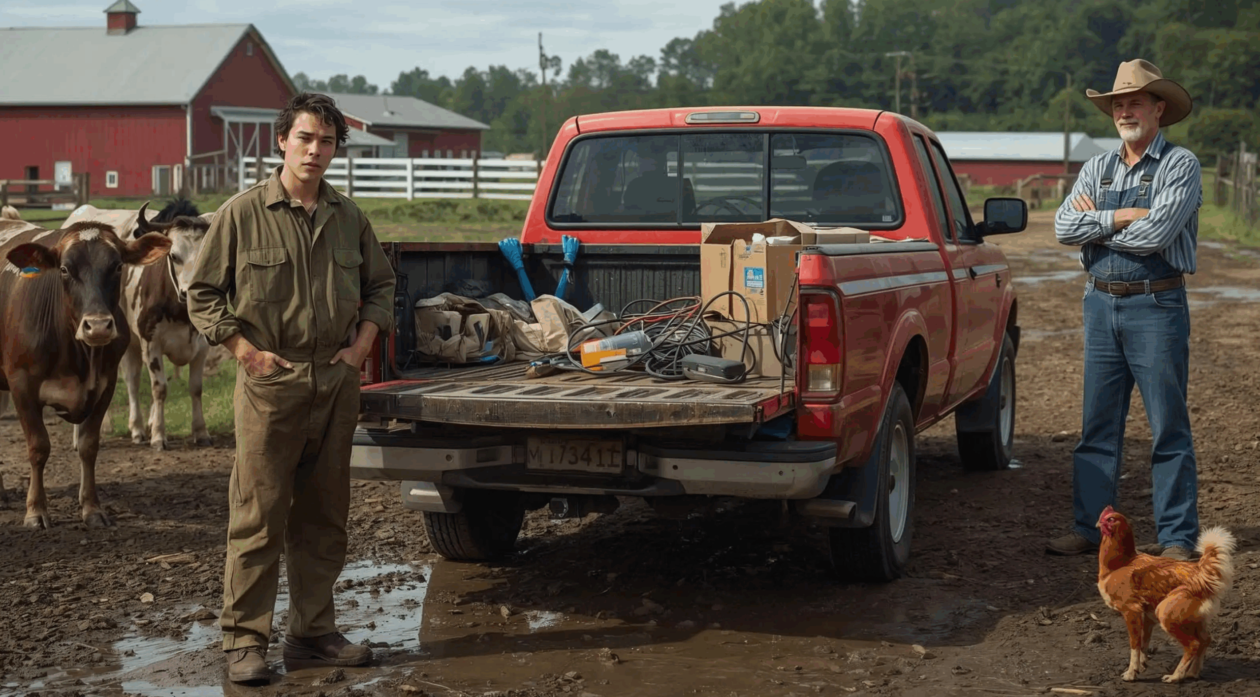 Young entrepreneur starting a side venture on a farm with a red pickup truck and tools.