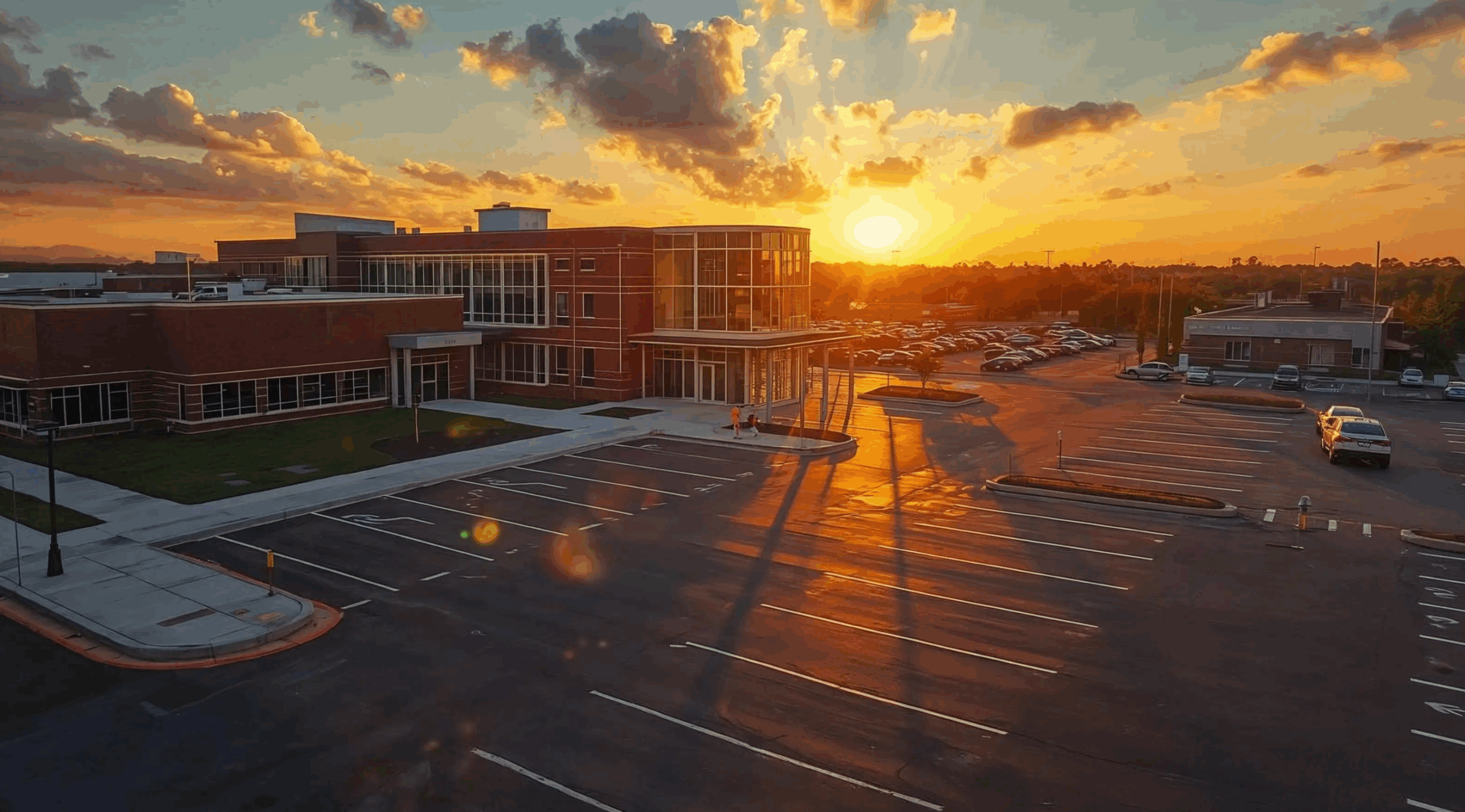 A veterinary teaching hospital building at sunset with an empty parking lot, illustrating the leadership challenge of employee engagement and usage of internal services.