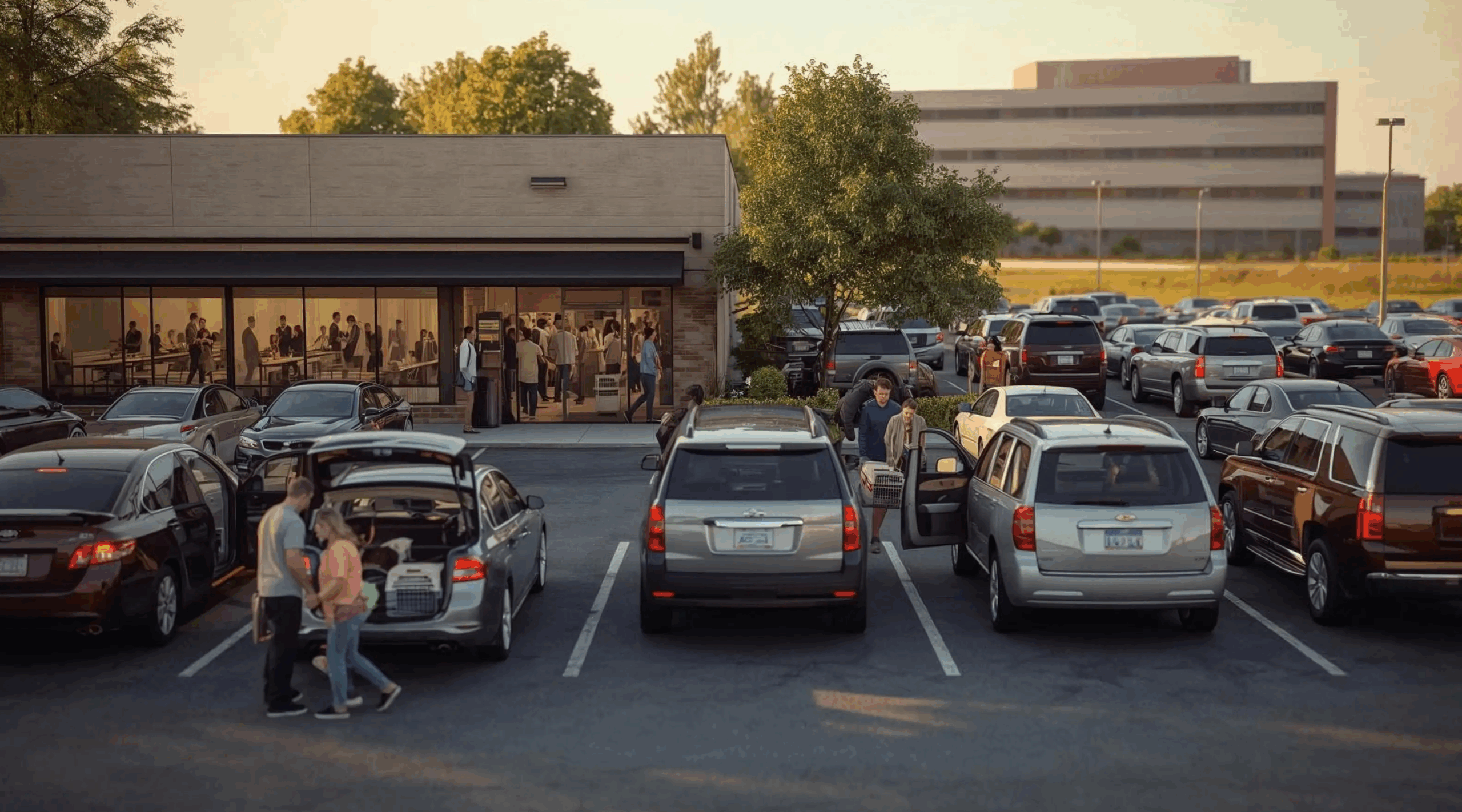 Faculty and staff arriving at a veterinary teaching hospital parking lot, representing employees taking advantage of the new discount policy and engaging with the organization