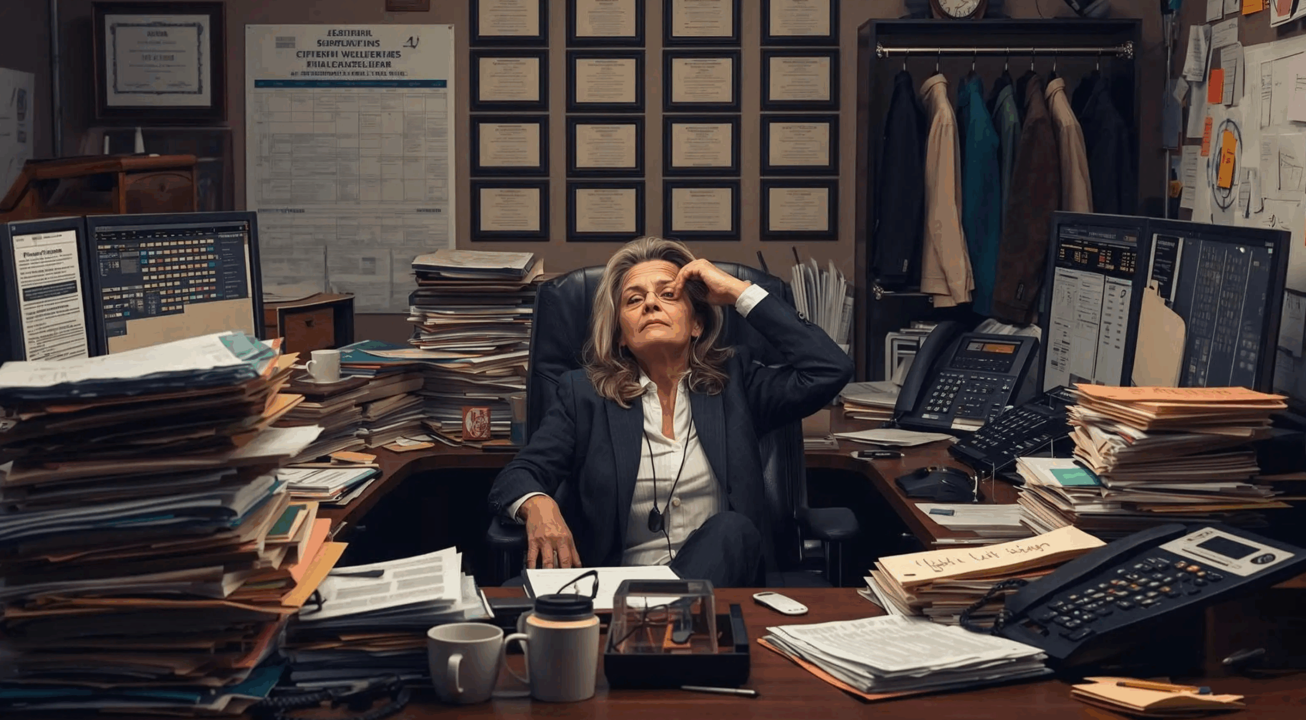 Veteran academic leader sitting in a cluttered office surrounded by papers and awards, representing the challenges of leadership bottlenecks and long-term role entrenchment.