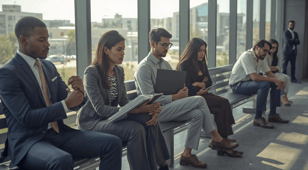 Group of diverse professionals seated in a waiting area, symbolizing emerging leaders waiting for opportunities blocked by existing leadership structures.