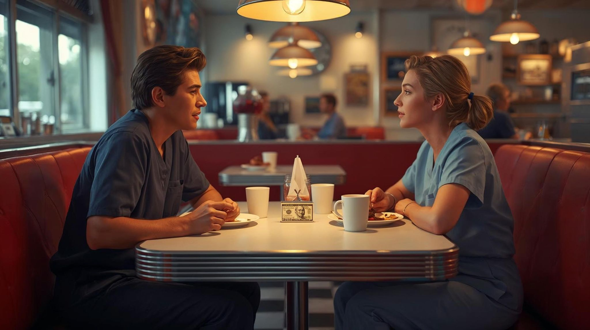 Two veterinary professionals sitting across from each other in a diner, illustrating the $50 Fix approach to conflict resolution by having a direct conversation over lunch