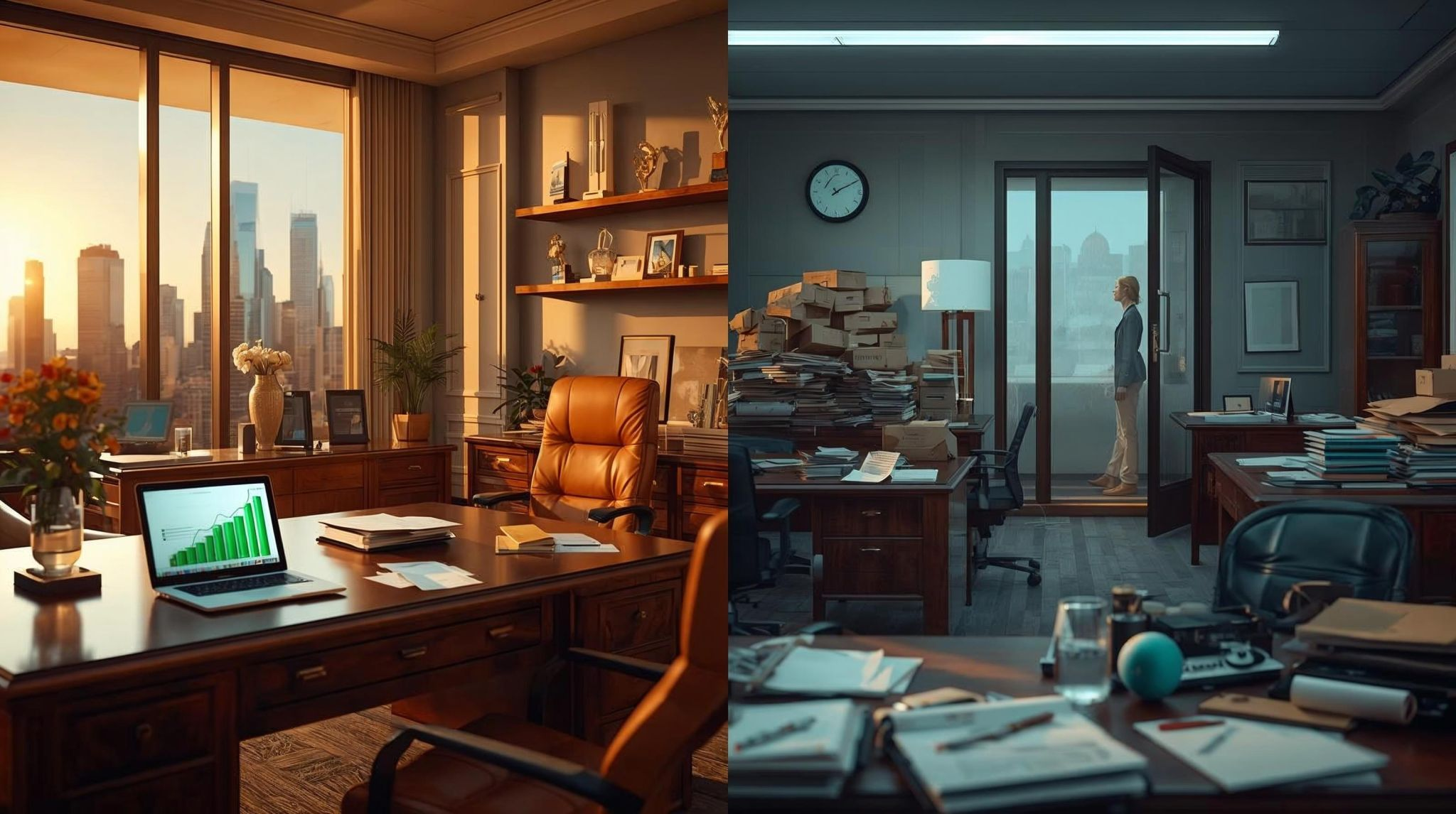 Two contrasting office scenes illustrating leadership disconnect: a neat office with growth charts versus a cluttered office with ignored tasks and a distant employee.