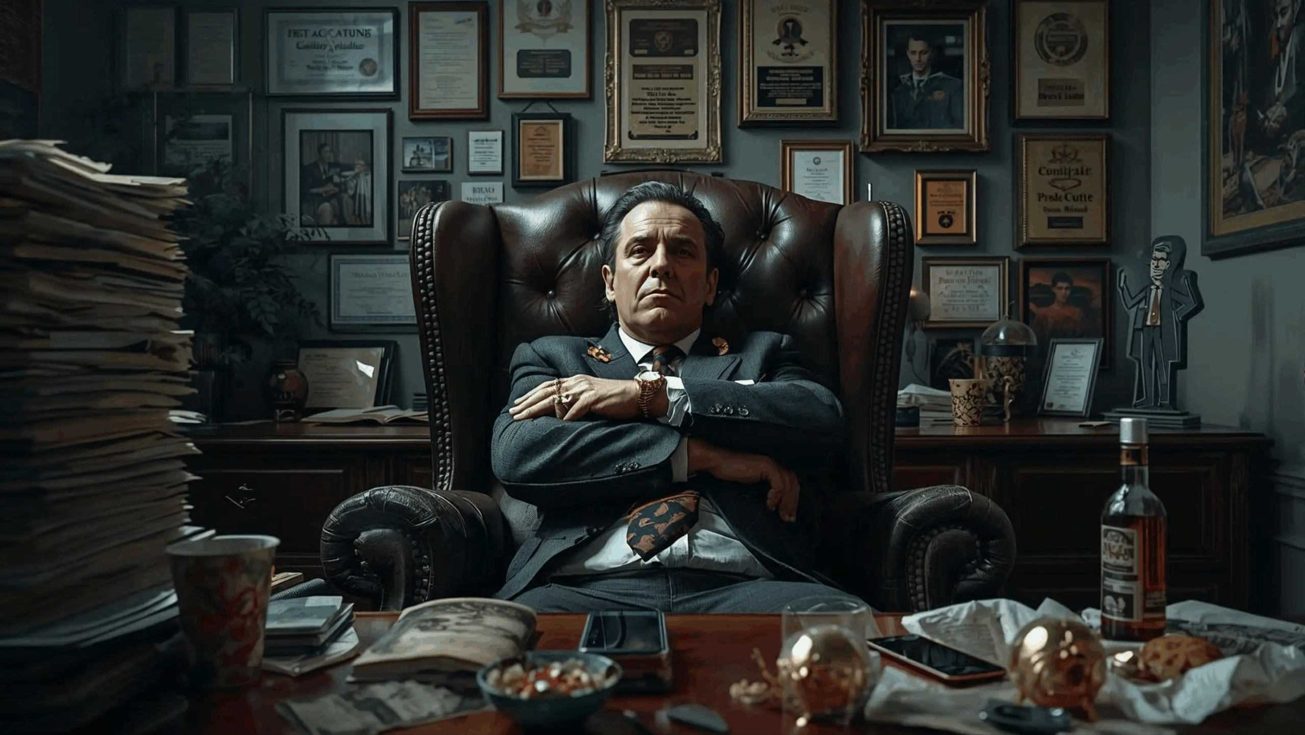 A rigid, overconfident manager sitting in a cluttered office, symbolizing leaders who mistake title for control and fail to understand their team. 