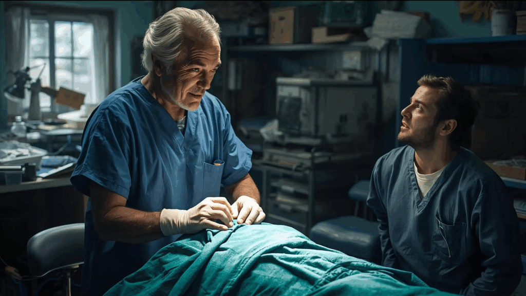 An experienced veterinarian guiding a veterinary student during surgery, highlighting hands-on learning and the lesson that direct communication and mentorship solve workplace challenges.