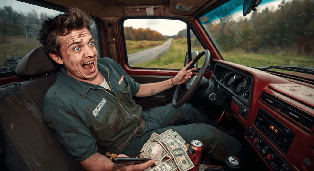 Excited small business owner celebrates first side hustle earnings in his red truck. 