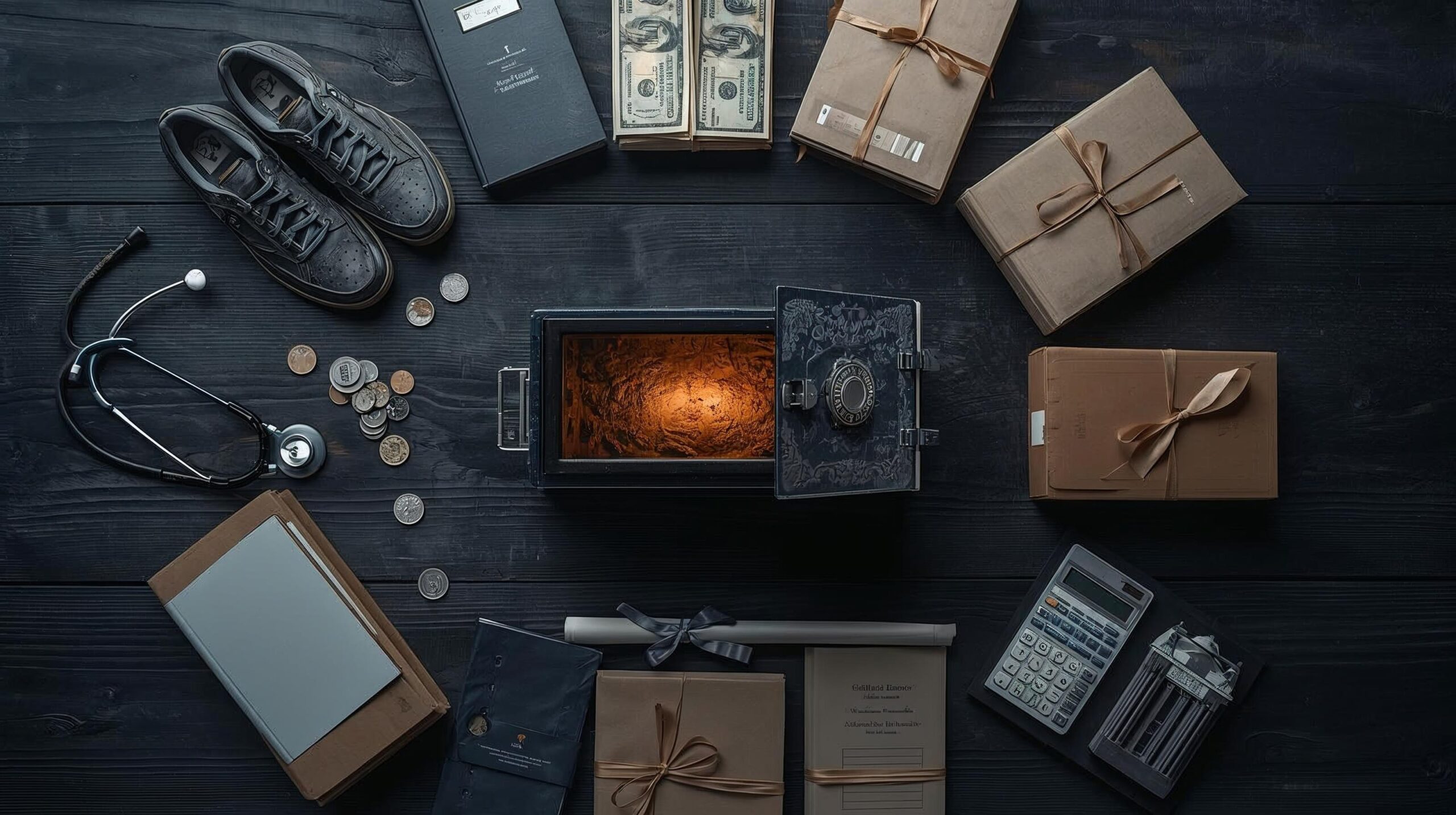 Flat lay of objects representing career and financial growth; an open safe glowing with light, bundles of cash, brown paper packages, coins, notebooks, calculator, and shoes arranged on a dark wooden table