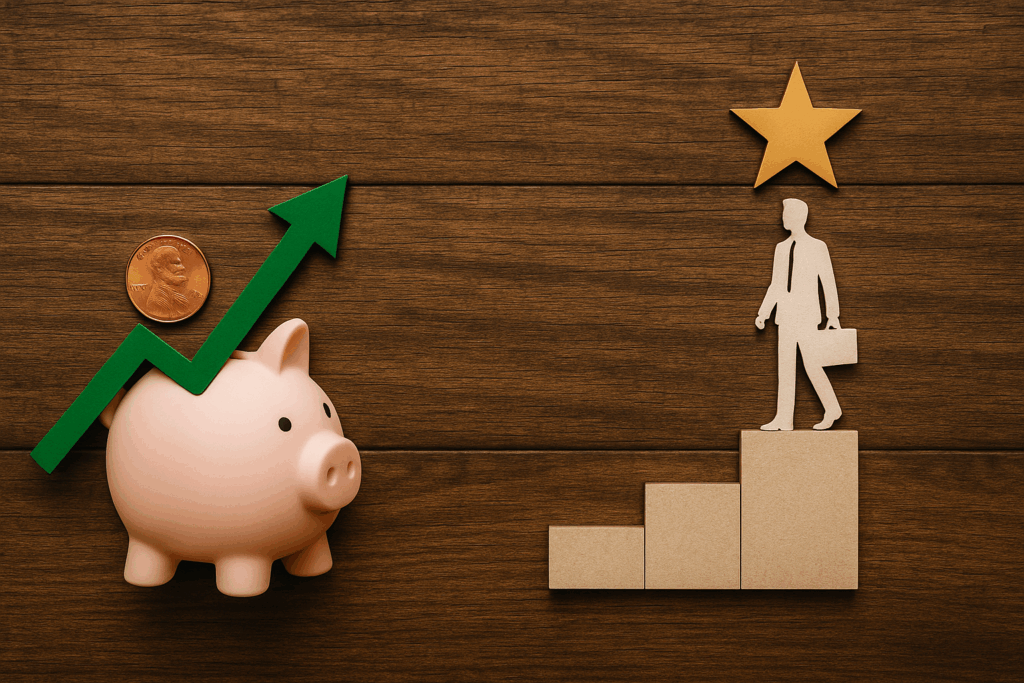 Piggy bank with rising graph and a figure climbing stairs, symbolizing career growth through skill-building and effort.