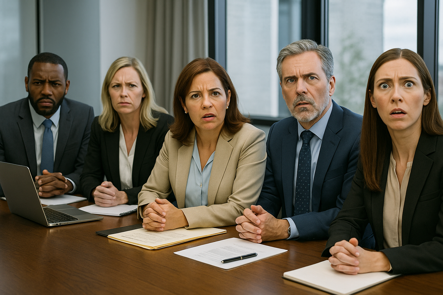 Group of professionals with wide-eyed, surprised expressions during a meeting, reacting to unexpected decisions.