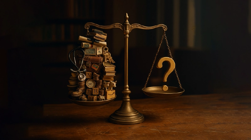 A brass scale weighing years of experience and knowledge against a golden question mark, symbolizing career decisions.