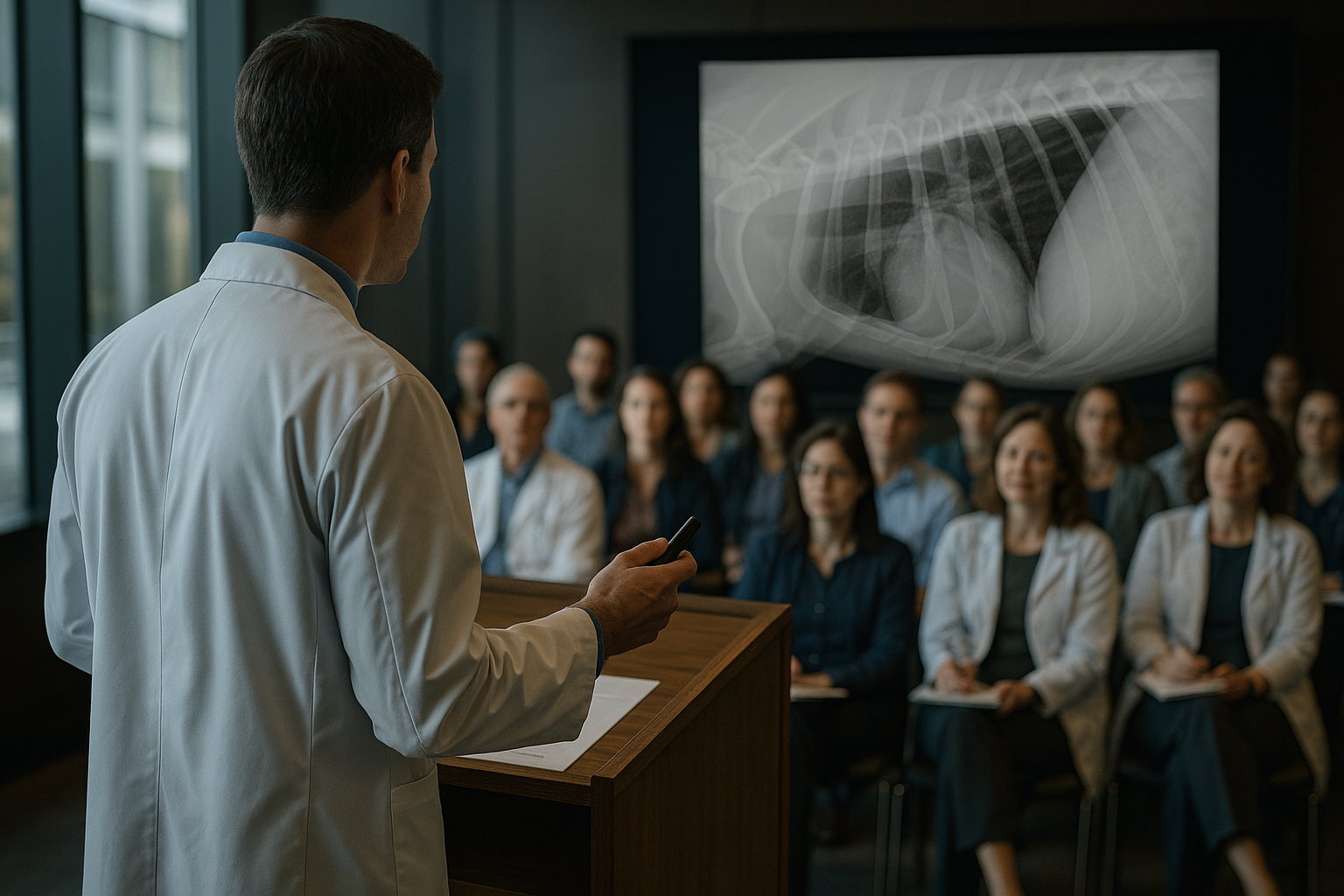 A doctor presenting a case in front of a group of medical professionals, illustrating the leadership lessons from M&M Rounds in medical education.