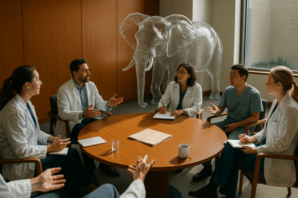Group of medical professionals engaging in a roundtable discussion, reflecting on leadership and learning from mistakes in M&M Rounds.