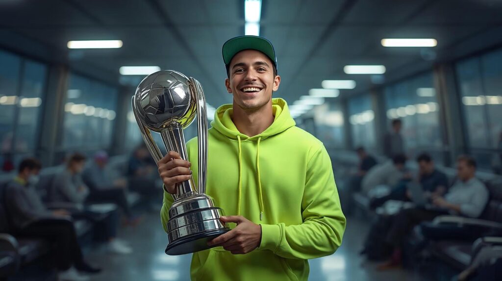 Smiling young man in a bright hoodie holding a large trophy at an airport, representing passion, alignment, and the rewards of pursuing unconventional careers. 