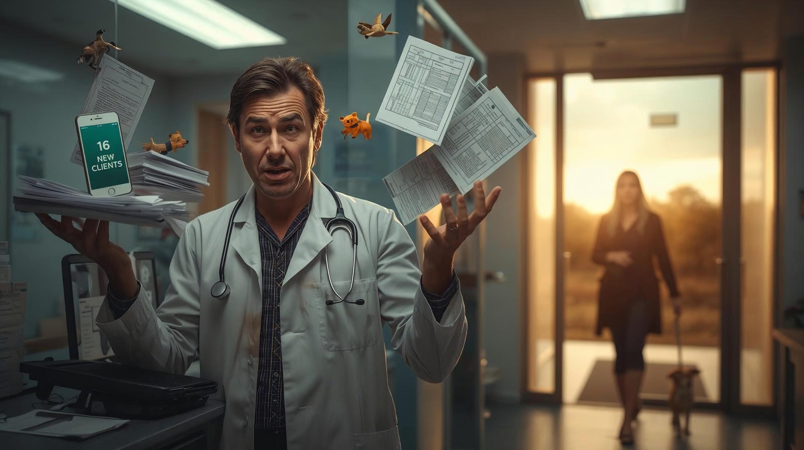 Stressed veterinarian surrounded by flying papers, showing the high cost of turnover in veterinary clinics.