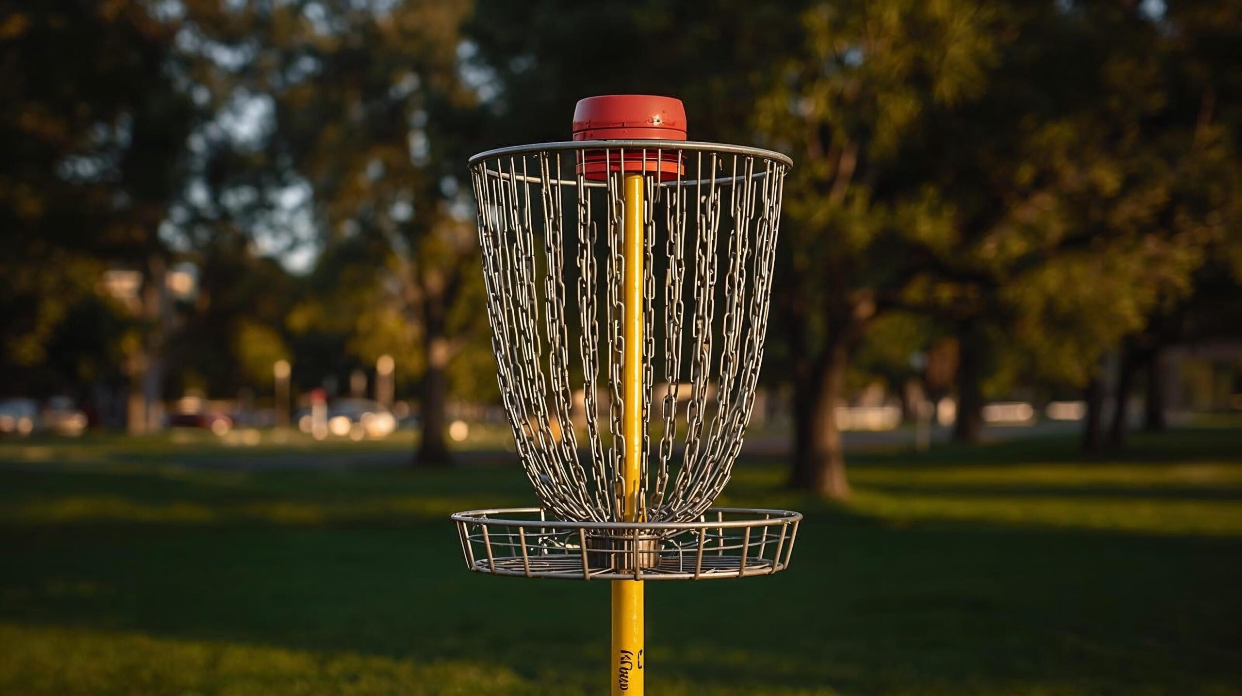 Disc golf basket with chains in a park at sunset, symbolizing unconventional success and finding purpose outside traditional career paths.