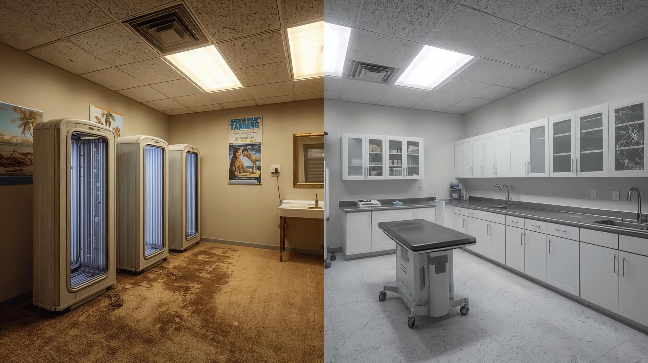 Before-and-after transformation of a former tanning salon turned into a modern veterinary clinic, illustrating business growth, risk-taking, and startup evolution. 