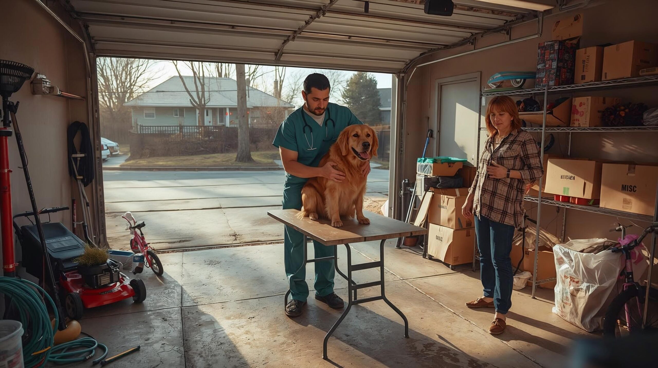 Veterinarian examining a golden retriever on a folding table inside a home garage while a woman looks on, symbolizing humble beginnings and entrepreneurial resilience after career loss