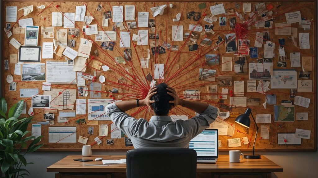 Person sitting at a desk with hands on head, facing a large wall covered in papers and photos connected by red strings, symbolizing complex career paths and connections 