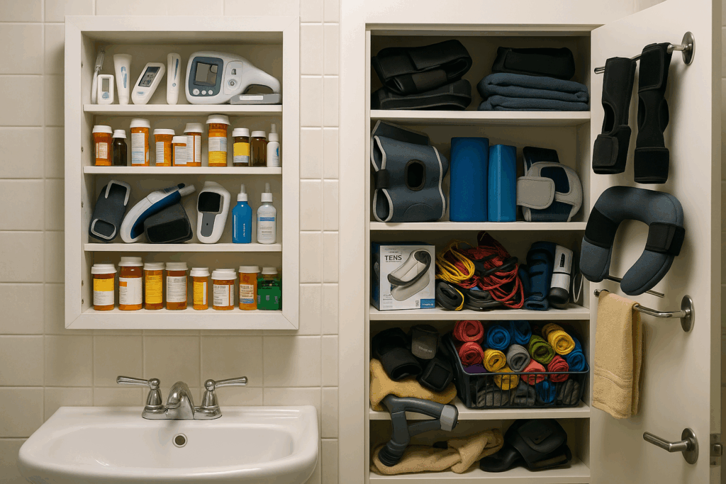 A bathroom medicine cabinet and linen closet are thrown open, completely stuffed with an absurd amount of last-minute FSA purchases. The medicine cabinet is jammed with thermometers, ointments, pill bottles, and gadgets no normal person needs three of, while the linen closet overflows with knee braces, back braces, yoga blocks, resistance bands, a TENS unit box, neck pillows, compression wraps, and enough therapy gear to outfit an entire physical therapy clinic. One lonely towel is squeezed into a corner like it lost the fight for shelf space. Harsh bathroom lighting makes the chaotic scene look even more real—capturing the comedy of someone panic-spending their remaining FSA dollars on “Christmas gifts.”