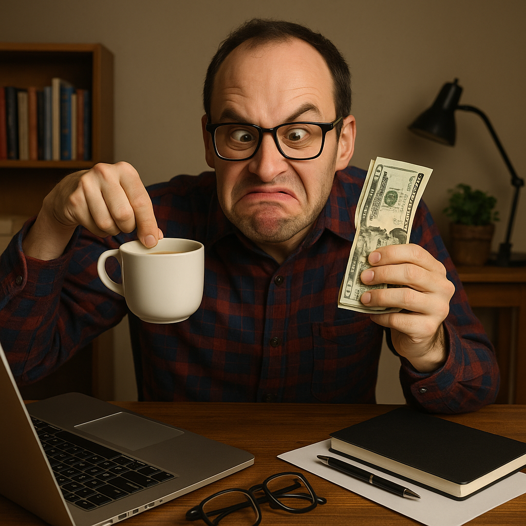 A frustrated man wearing glasses and a plaid shirt sits at a desk holding a crumpled stack of cash in one hand and reluctantly dipping a finger into a cup of coffee with the other. His exaggerated grimace suggests he’s annoyed about spending money. A laptop, notebook, pen, and glasses sit in front of him, creating a humorous scene about being cheap or hesitant to invest in oneself.