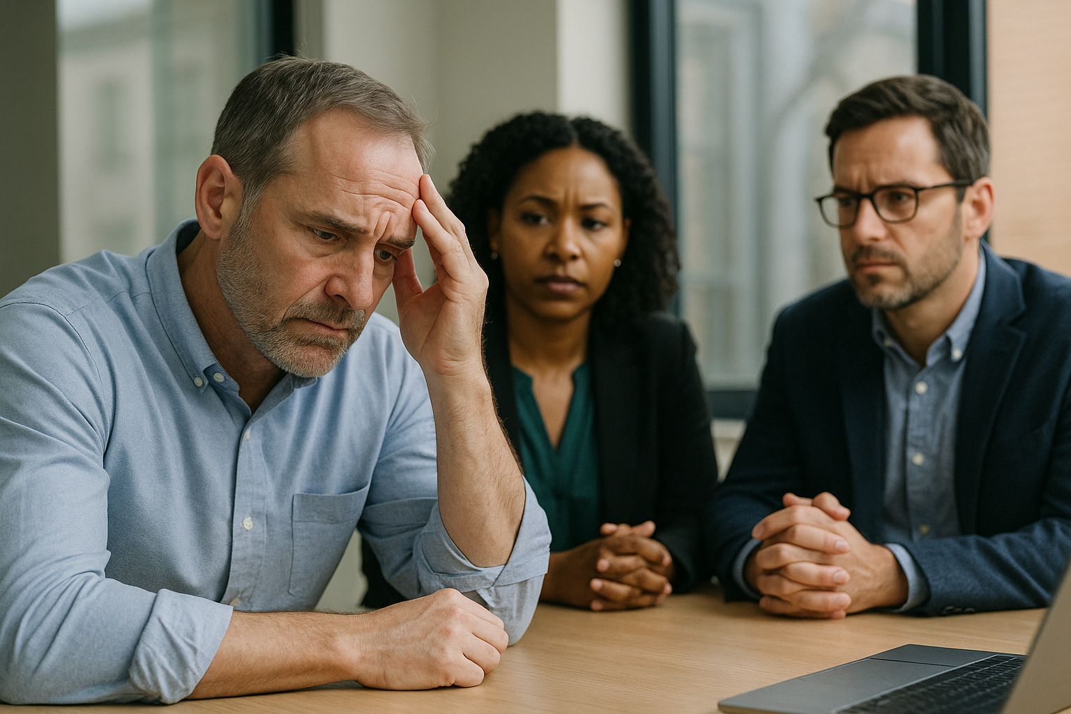 Mid-career professional leader with hand on forehead looking stressed while receiving constructive feedback from two concerned colleagues during a serious workplace conversation