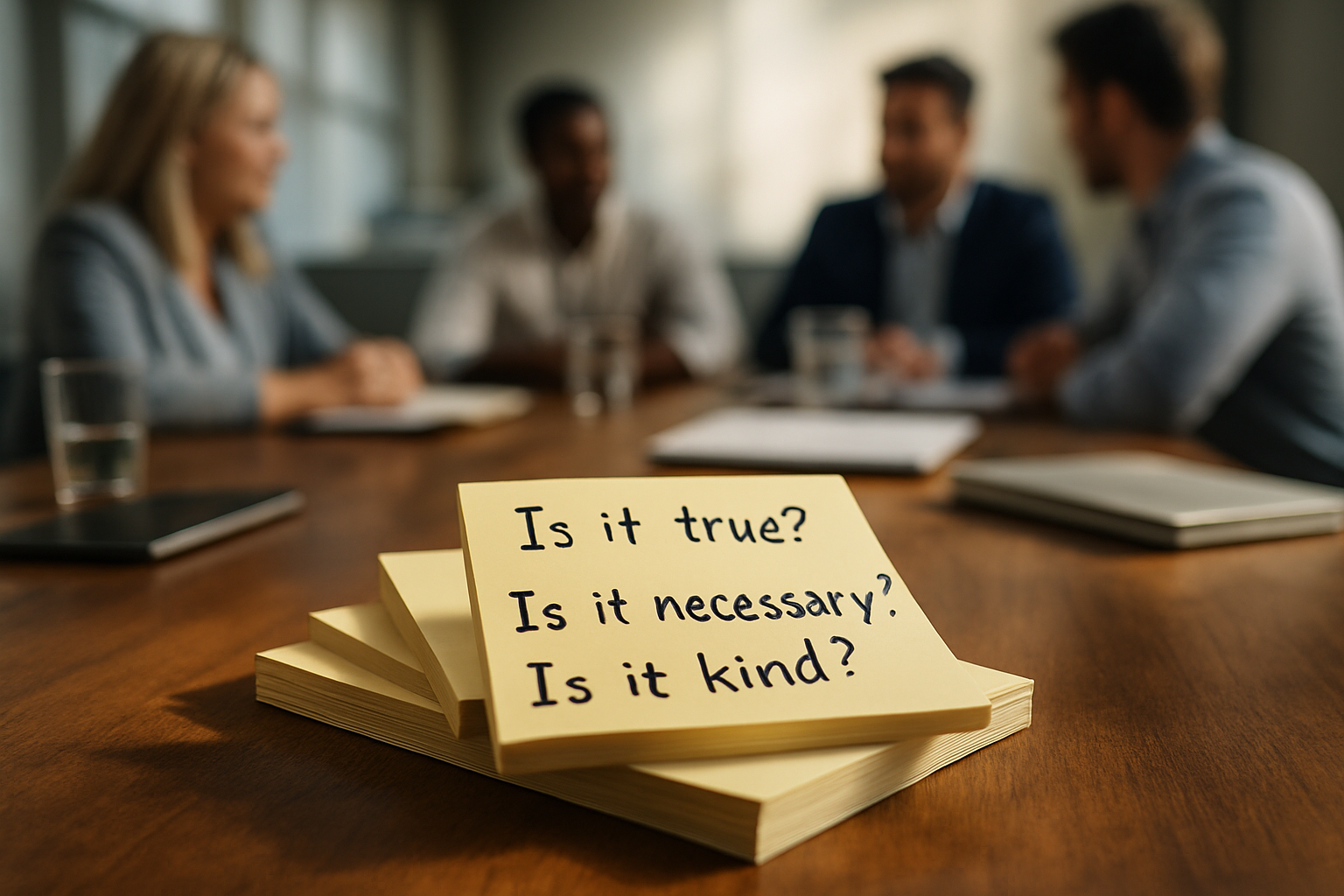 A stack of yellow sticky notes sits on a conference table in sharp focus, each note displaying the handwritten questions “Is it true? Is it necessary? Is it kind?” In the blurred background, four professionals sit around the table in conversation, suggesting a meeting or discussion setting.