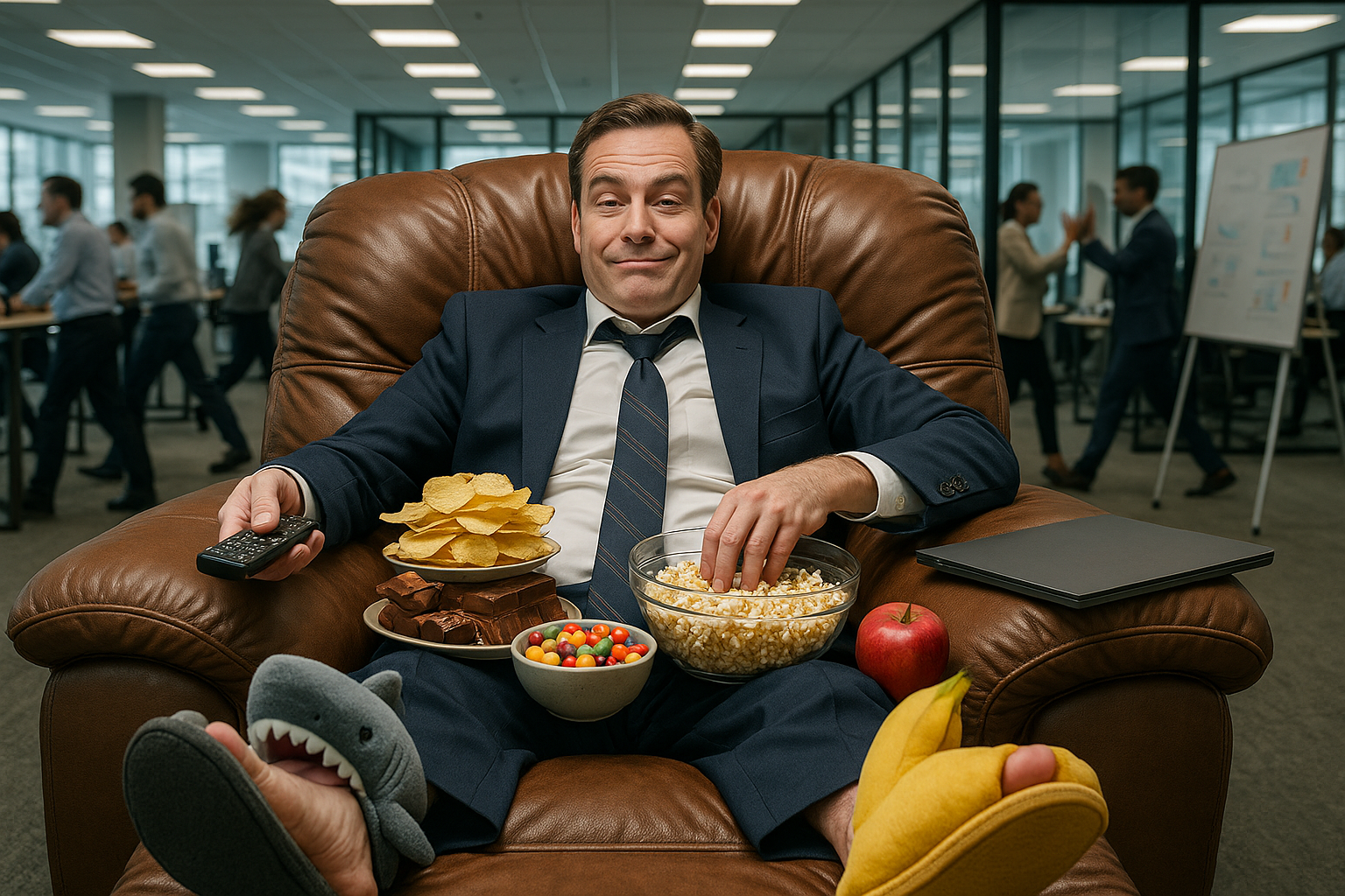 A man in a business suit reclines in an oversized leather chair in the middle of a busy office, wearing playful shark and duck slippers while surrounded by snacks including popcorn, chips, chocolate, and candy. He holds a remote control and smirks confidently as colleagues work and collaborate energetically in the background.