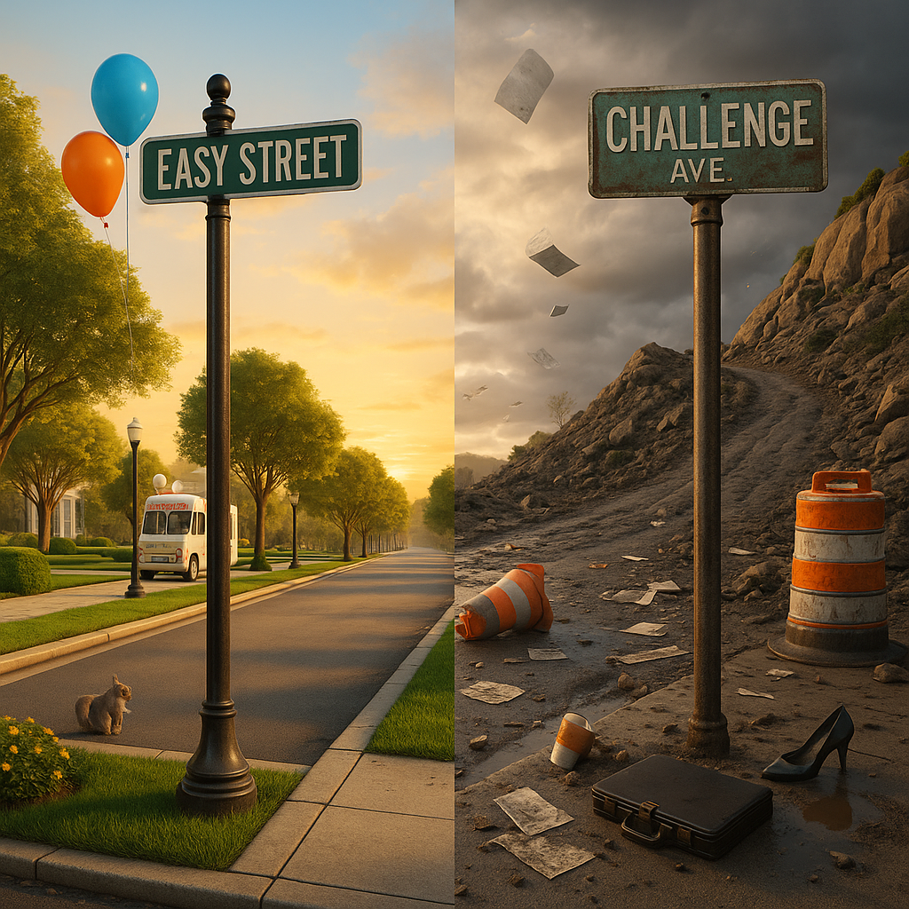 Ultra-realistic image showing a vivid split between two contrasting streets at an intersection. On the left, “Easy Street” glows in warm golden light—lined with manicured trees, smooth pavement, balloons tied to lampposts, a cheerful ice cream truck, and a squirrel on the grass. On the right, “Challenge Avenue” is dark and chaotic, with cracked pavement, mud, orange construction barrels, scattered papers, a fallen briefcase, and a single black high heel in a puddle beneath stormy skies. The image powerfully symbolizes the stark choice between comfort and struggle.