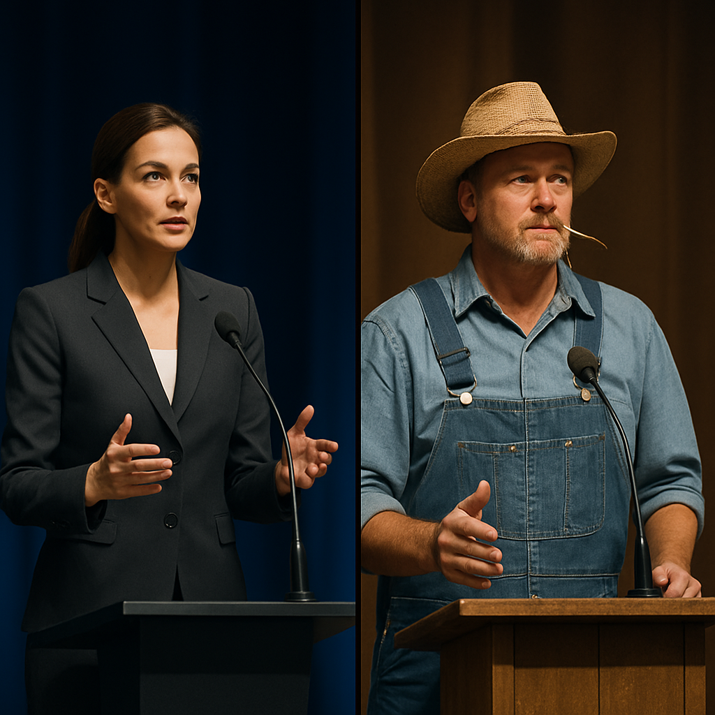 Ultra-realistic split-screen of two speakers at a conference podium. On the left, a professional woman in a dark tailored suit stands poised behind a sleek black podium, speaking with confidence against a deep blue backdrop. On the right, an Appalachian man in worn denim overalls and a straw hat stands behind a wooden podium, gesturing naturally with a piece of hay in his mouth. Both have identical microphones and water bottles, symbolizing equal footing despite contrasting styles.
