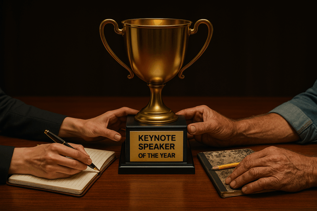 Close-up of two pairs of hands sharing a large golden trophy labeled “Keynote Speaker of the Year” on a polished mahogany table. On the left, elegant feminine hands with a perfect manicure hold a leather notebook and fountain pen; on the right, weathered, work-worn hands rest on a dirt-smudged composition notebook with a chewed pencil. Both grip the trophy together, representing shared success from vastly different paths.