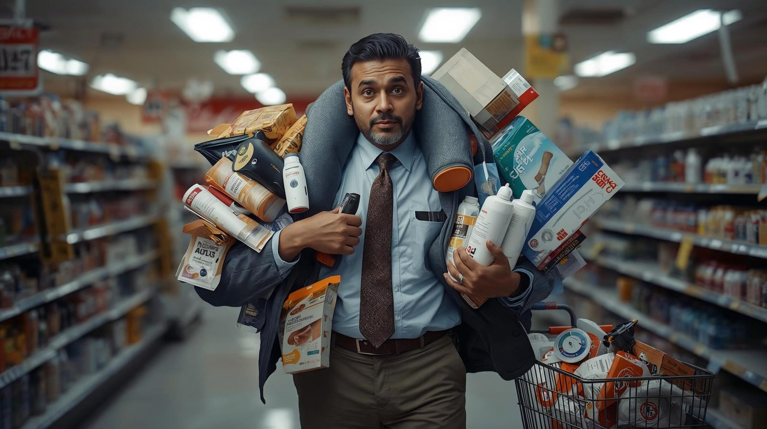 A middle-aged man in business casual clothing stands in a pharmacy aisle late at night, overloaded with an absurd number of health and wellness products stacked across his shoulders and arms. He looks wide-eyed and determined as items like braces, bottles, and therapy supplies spill out around him. A shopping cart beside him is already overflowing with more medical products under bright fluorescent store lighting.
