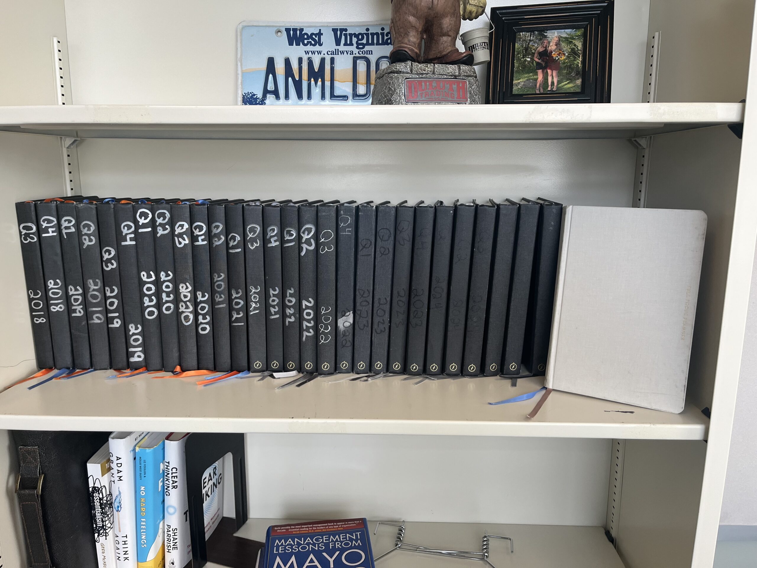 A neatly organized bookshelf displaying a row of black quarterly journals labeled from 2018 through 2023, each marked “Q1” through “Q4.” A light gray journal stands at the far right. On the shelf above sits a decorative West Virginia license plate reading “ANMLDR,” a small statue, and a framed photograph of two people. The lower shelf holds several books, including titles on management and leadership.