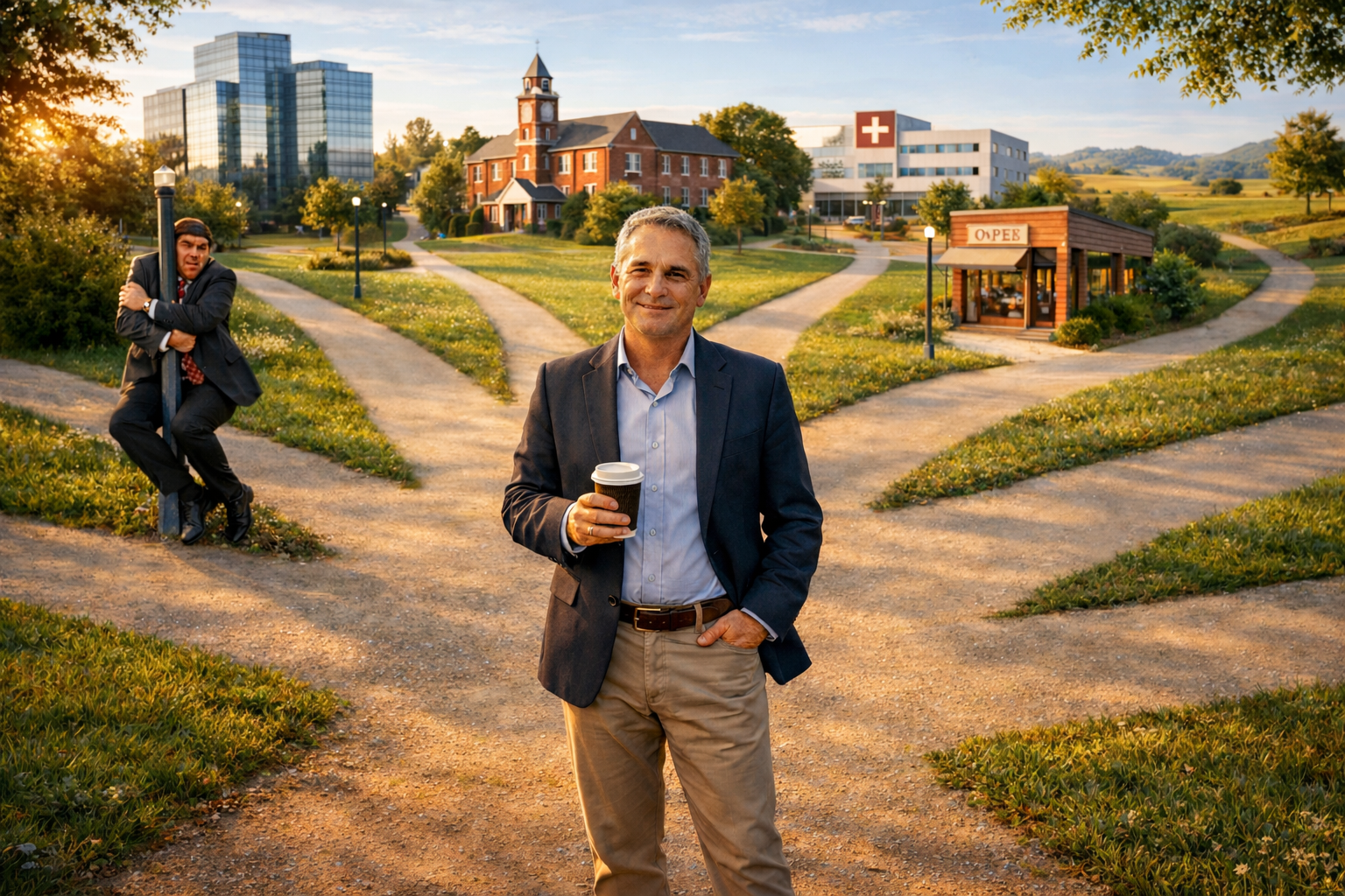A relaxed, business-casual professional stands at a sunlit park crossroads holding a coffee, with multiple clear paths leading toward offices, a university, a hospital, a small business, and open countryside, while a stressed man in a suit clings to a lamppost in the background.