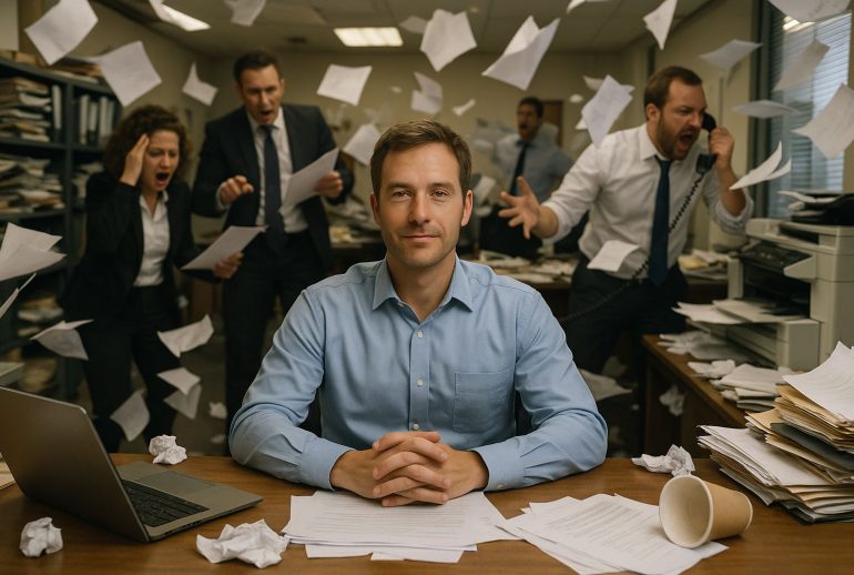 A calm, composed man sits at a cluttered desk while papers fly and coworkers panic around him, illustrating steady leadership amid workplace chaos.