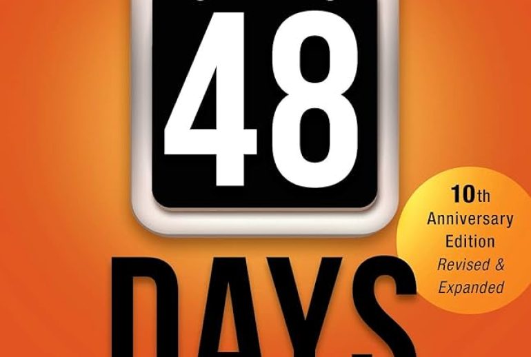 Cover of the book 48 Days to the Work You Love by Dan Miller, featuring an orange background with a flip-calendar style number “48” in white and black at the center. Text above notes a foreword by Dave Ramsey, and a gold circle on the right marks it as the 10th Anniversary Edition, Revised and Expanded.