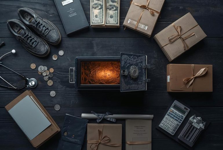 Flat lay of objects representing career and financial growth; an open safe glowing with light, bundles of cash, brown paper packages, coins, notebooks, calculator, and shoes arranged on a dark wooden table
