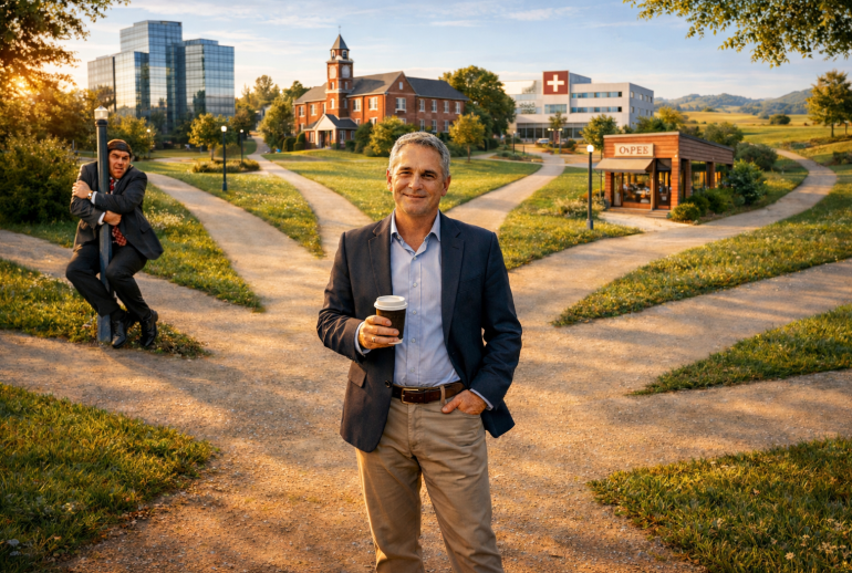 A relaxed, business-casual professional stands at a sunlit park crossroads holding a coffee, with multiple clear paths leading toward offices, a university, a hospital, a small business, and open countryside, while a stressed man in a suit clings to a lamppost in the background.