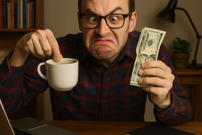 A frustrated man wearing glasses and a plaid shirt sits at a desk holding a crumpled stack of cash in one hand and reluctantly dipping a finger into a cup of coffee with the other. His exaggerated grimace suggests he’s annoyed about spending money. A laptop, notebook, pen, and glasses sit in front of him, creating a humorous scene about being cheap or hesitant to invest in oneself.