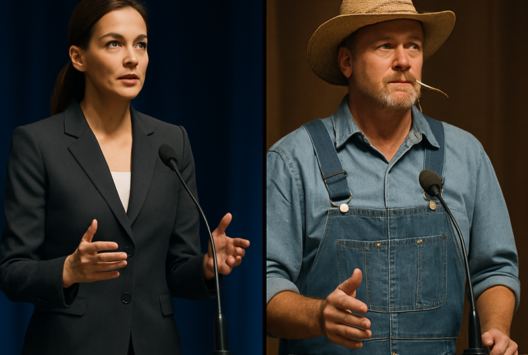Ultra-realistic split-screen of two speakers at a conference podium. On the left, a professional woman in a dark tailored suit stands poised behind a sleek black podium, speaking with confidence against a deep blue backdrop. On the right, an Appalachian man in worn denim overalls and a straw hat stands behind a wooden podium, gesturing naturally with a piece of hay in his mouth. Both have identical microphones and water bottles, symbolizing equal footing despite contrasting styles.