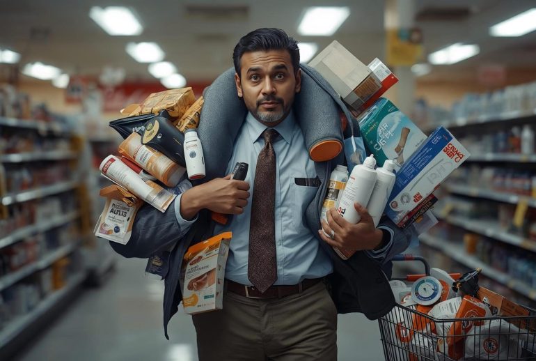 A middle-aged man in business casual clothing stands in a pharmacy aisle late at night, overloaded with an absurd number of health and wellness products stacked across his shoulders and arms. He looks wide-eyed and determined as items like braces, bottles, and therapy supplies spill out around him. A shopping cart beside him is already overflowing with more medical products under bright fluorescent store lighting.