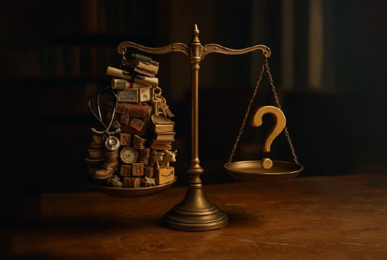 A brass scale weighing years of experience and knowledge against a golden question mark, symbolizing career decisions.