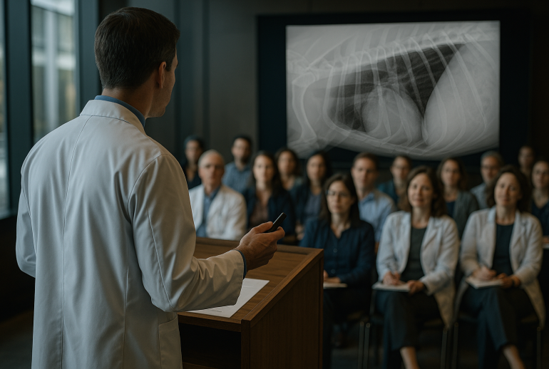 A doctor presenting a case in front of a group of medical professionals, illustrating the leadership lessons from M&M Rounds in medical education.