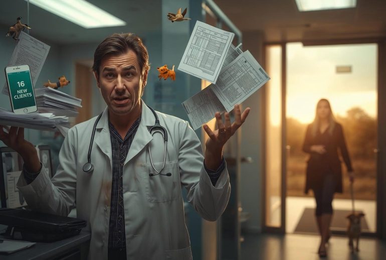 Stressed veterinarian surrounded by flying papers, showing the high cost of turnover in veterinary clinics.