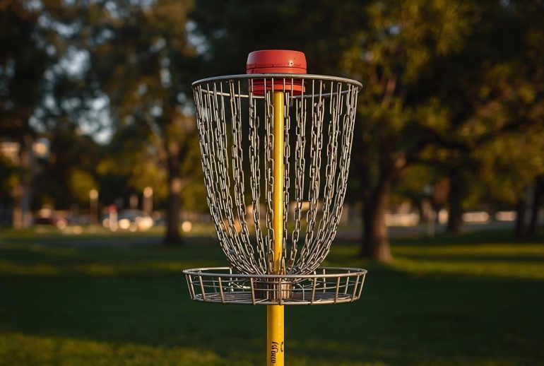 Disc golf basket with chains in a park at sunset, symbolizing unconventional success and finding purpose outside traditional career paths.
