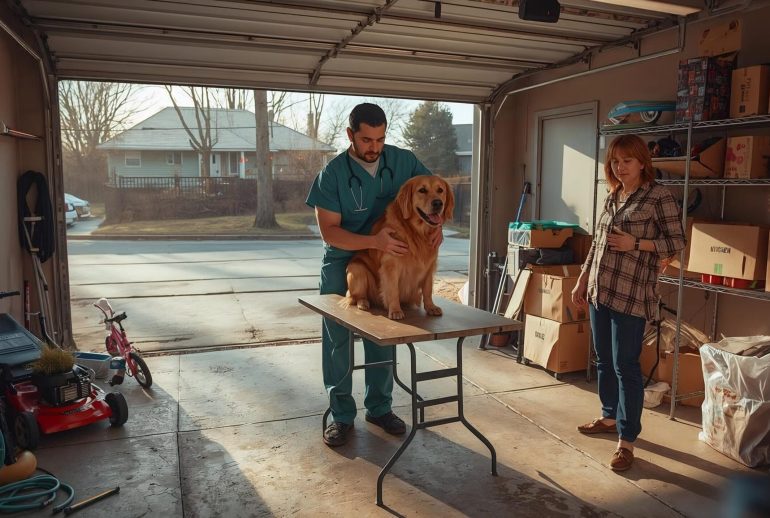 Veterinarian examining a golden retriever on a folding table inside a home garage while a woman looks on, symbolizing humble beginnings and entrepreneurial resilience after career loss