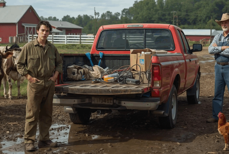 Young entrepreneur starting a side venture on a farm with a red pickup truck and tools.