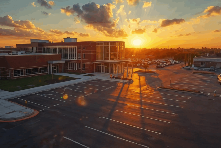 A veterinary teaching hospital building at sunset with an empty parking lot, illustrating the leadership challenge of employee engagement and usage of internal services.