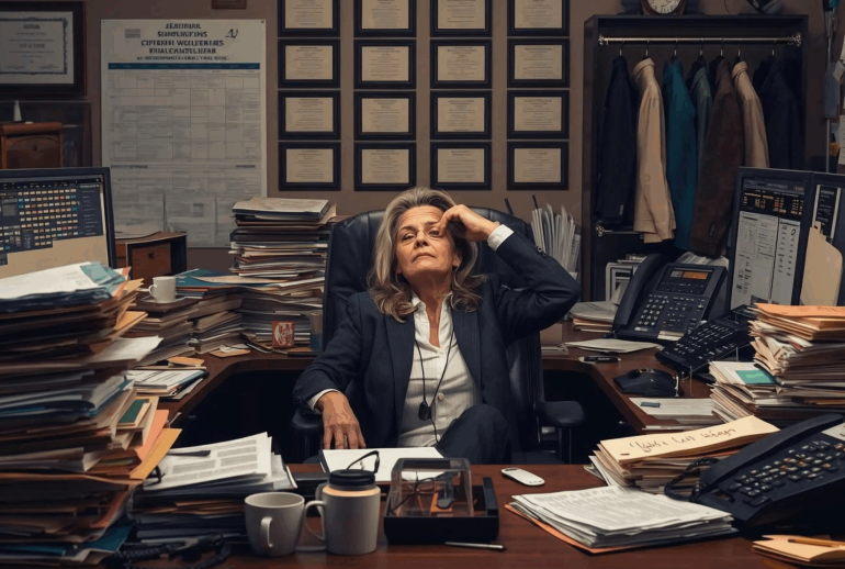 Veteran academic leader sitting in a cluttered office surrounded by papers and awards, representing the challenges of leadership bottlenecks and long-term role entrenchment.
