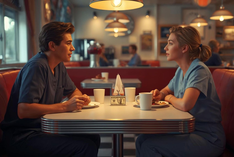 Two veterinary professionals sitting across from each other in a diner, illustrating the $50 Fix approach to conflict resolution by having a direct conversation over lunch