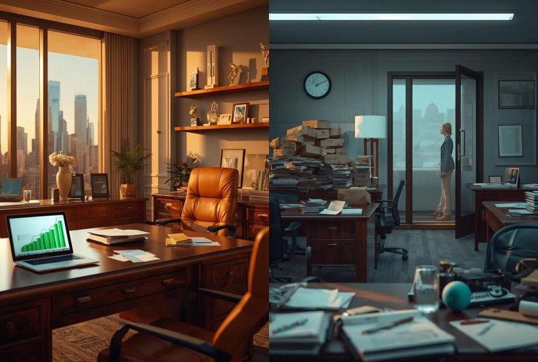 Two contrasting office scenes illustrating leadership disconnect: a neat office with growth charts versus a cluttered office with ignored tasks and a distant employee.